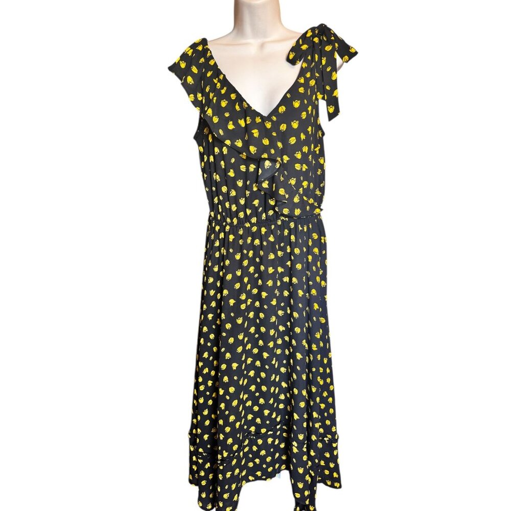 Who What Wear Black & Yellow Floral Midi Dress Ruffle V-Neck Sleeveless Size S